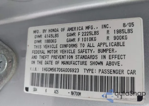 2006 Honda Accord 2.4 Ex from USA, damaged, VIN 1HGCM56706A006923